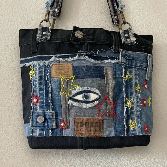 Denim patchwork shoulder bag-tote bag upcycled jeans boho bag - Picture 6 of 16